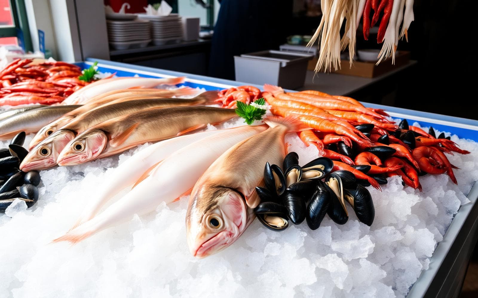 Étal de poissons et fruits de mer frais présentés sur glace